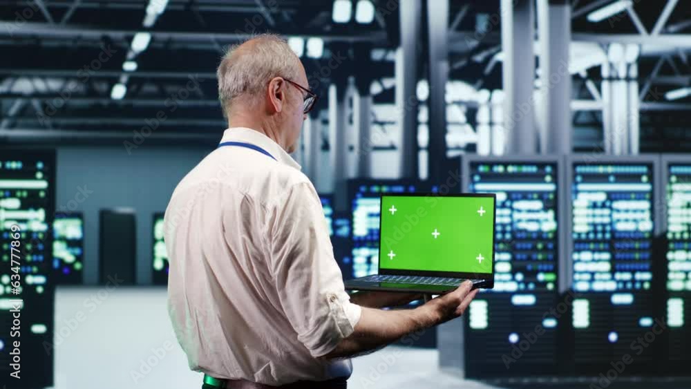 Poster knowledgeable it professional navigating network of server racks in industrial hub. repairman using 