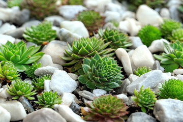 This image shows a close-up of several succulent plants and rocks in an outdoor setting. 