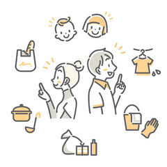 家事育児を分担する若い夫婦　シンプルでお洒落な線画イラスト