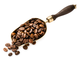Scoop of coffee beans. Top view of coffee beans in scoop isolated. - 634778844