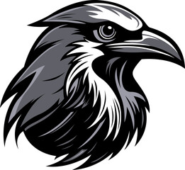 Obraz premium Crow head emblem. Mascot raven logo bird illustration isolated on white. Image of predator portrait for company use or tattoo. Ai generated.
