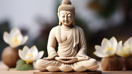 Buddha statue in meditation with lotus flower, Meditation, spiritual health, Generative AI