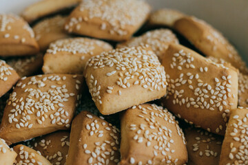 Freshly baked homemade biscuits with sesame.