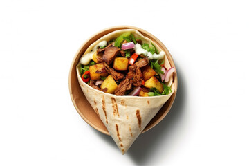 Delicious shawarma served on white background, Grilled pita wrapping chicken meat and fresh vegetables with sauce