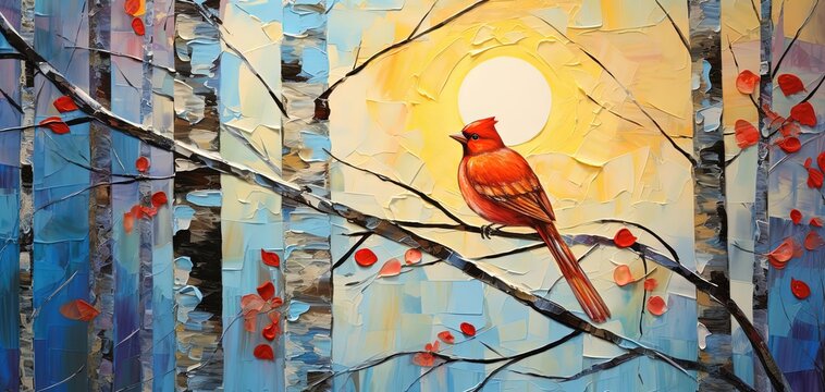 painting style illustration, red cardinal bird on tree branch, Autumn forest, Generative Ai