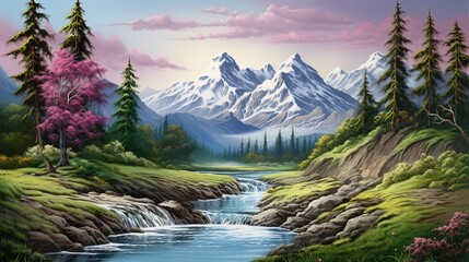 painting style illustration of beautiful spring morning light nature landscape, Generative Ai