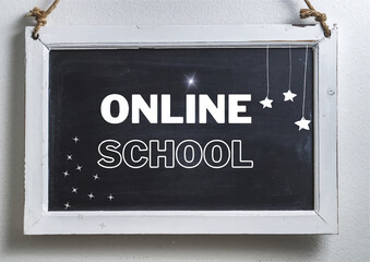 Back to school. Online learning. Chalk writing on the blackboard. Chalkboard 3D. Realistic black boards in a frame isolated on gray wall background. Background information for the school