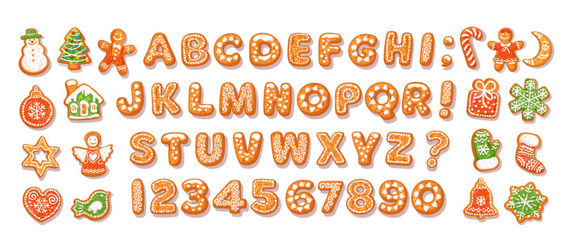 Christmas and New Year gingerbread alphabet and cute traditional holiday cookies. Vector illustration.