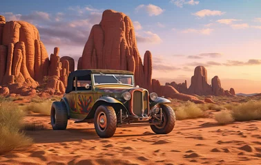 Washable Wallpaper Murals orange glow Old jeep in the Valley state desert created with Generative AI technology