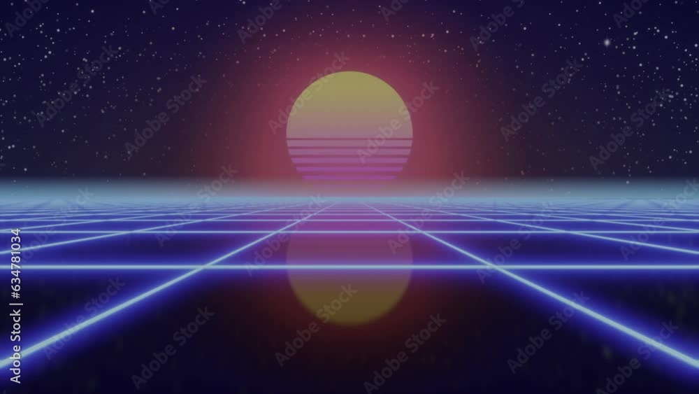 Poster synthwave sunset. animated background. 80s sun. wireframe landscape. retro future perspective grid. 