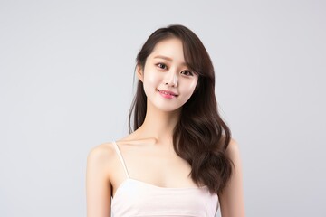 Fototapeta premium Beautiful Asian woman smiles and radiates happiness, showcasing her healthy, glowing skin. Generative AI