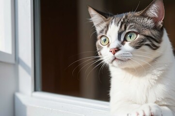 窓から外を眺める猫