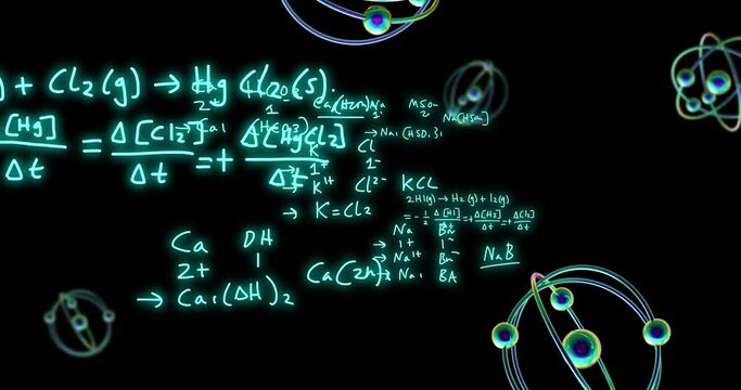 Animation of atom model spinning and data processing on black background