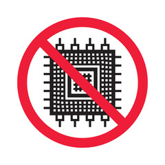 Forbidden processor vector icon. Warning, caution, attention, restriction, label, ban, danger. No CPU flat sign design pictogram symbol. No micro chip icon