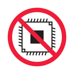 Forbidden processor vector icon. Warning, caution, attention, restriction, label, ban, danger. No CPU flat sign design pictogram symbol. No micro chip icon