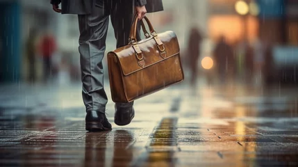 Fotobehang Briefcase in Hand: An image of the worker carrying a briefcase, representing the rush to reach the office on time © siripimon2525