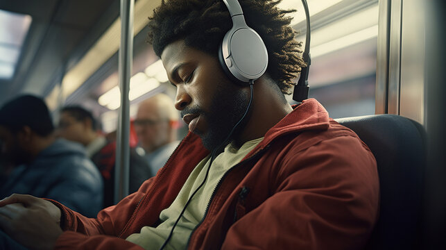 Listening to Music: The photo captures the worker wearing earphones, trying to unwind with music during the busy morning commute