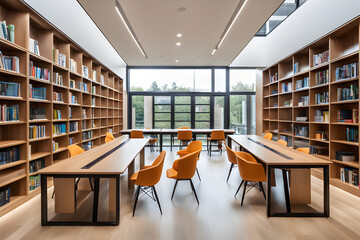  a modern library with sleek bookcases comfortable study desks and large windows allowing natural light - Generative Ai