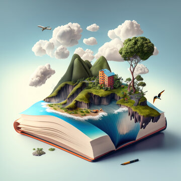 Open book with green island in the sea and birds flying around it