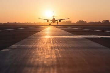 Airplane on the runway in the airport at sunset. Travel concept