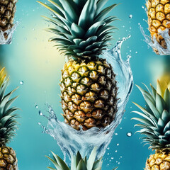 Pineapples falling into the water on a blue background.