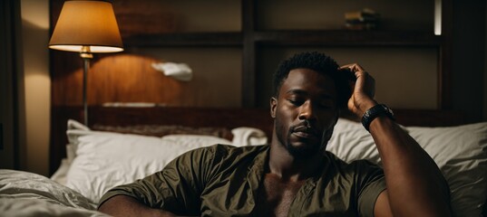 Photo of a man sitting on a bed in a bedroom