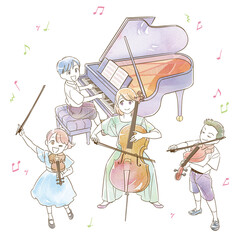 水彩アナログ風  ピアノ ヴァイオリン チェロ ヴィオラ 演奏 発表会 イラスト(音符あり)