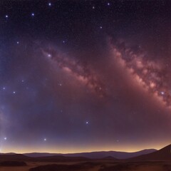 Fototapeta na wymiar Panoramic view of desert starry night sky, Milky Way and other celestial bodies, illustration