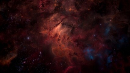 Orange dark galaxy nebulae and stars in space. Alien mystical shining nebula in shiny starry night. artistic concept 3D illustration backdrop for space exploration and science fiction. - obrazy, fototapety, plakaty