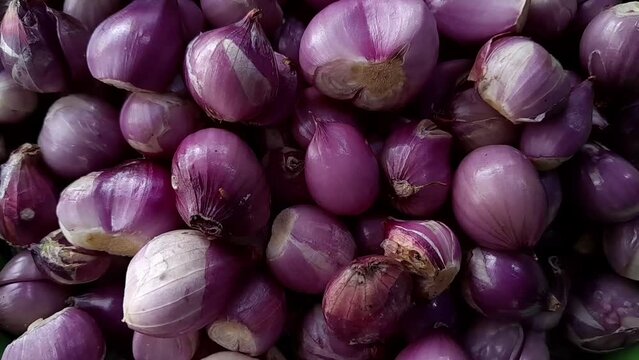 Red onion close up. Horizontal footage, Heap of raw peeled red onion and fresh