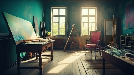 Fototapeta premium Writer at work. writer sitting at the table and writing something in his sketchpad at home. Generative Ai