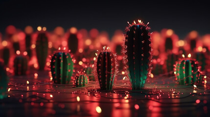 Cactus decorated with christmas lights, Infinite room of network servers. Generative Ai