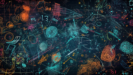 Mathematical vector seamless background with handwritten scientific formulas figures and calculations. Generative Ai