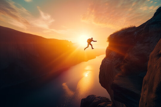 A thrilling cliff jump into crystal clear water. A daring leap from a cliff into the open sky