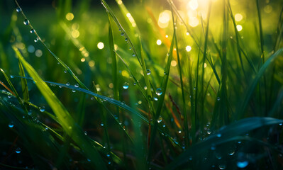 Dew-covered grass blades glistening in the sunligh. A close up of grass with water droplets on it