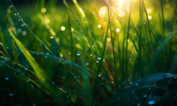 Dew-covered grass blades glistening in the sunligh. A close up of grass with water droplets on it