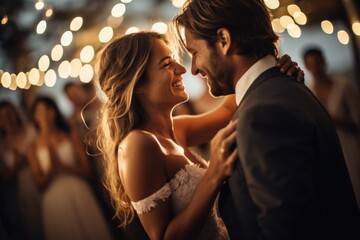 Bride and Groom's First Dance Under Twinkling Lights