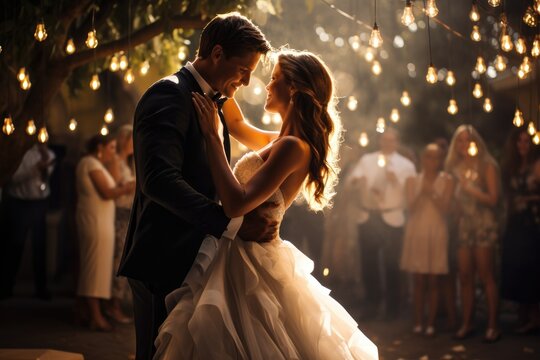 Bride and Groom's First Dance Under Twinkling Lights