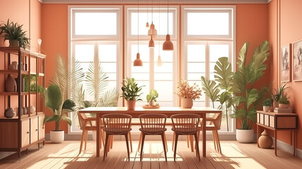 Fototapeta na wymiar chairs, furniture, a lof of plants, window. Generative Ai