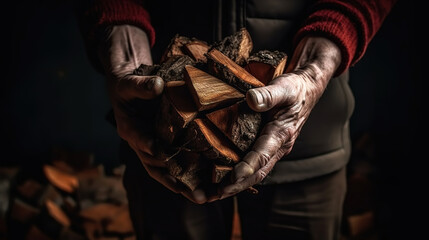 A pile of stacked firewood, prepared for heating the house Gathering fire wood for winter. Generative Ai