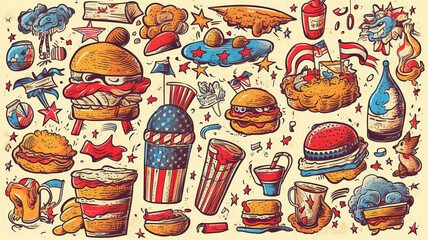 BBQ, food, drink, party, rocket, fireworks, American flag. Generative Ai