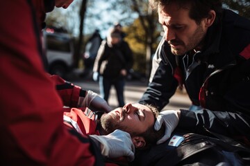Rescuers provide first aid to victim - obrazy, fototapety, plakaty