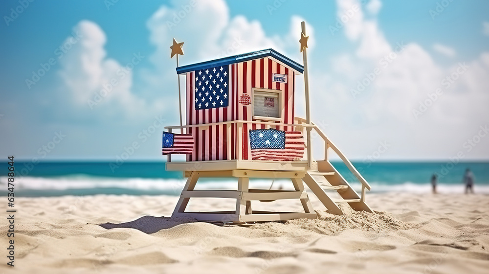 Poster Sand castle with American flag on beach. Generative Ai