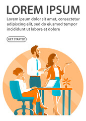Business man and girls working in office. On the table is a laptop. Team interaction. Successful business. Design for banner, poster, website. Vector illustration. White background