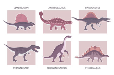 Fototapeta premium Set of ancient carnivorous and herbivorous dinosaurs. Stegosaurus, tyrannosaurus rex, dimetrodon and spinosaurus. Extinct lizard of the Jurassic period. Prehistoric dino. Paleontology animals. Vector 