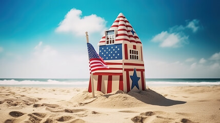 Patriotic USA background on the sandy beach. Generative Ai