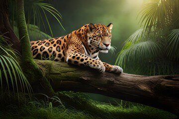 Jaguar in the tree in tropical green forest generated by AI tool