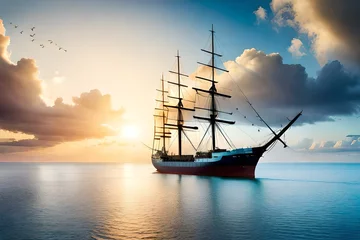 Schilderijen op glas A ship in a ocean and sunset in blue sky generated by AI tool © Muhammad