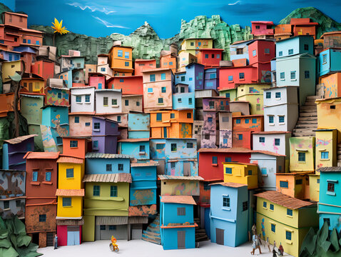 Paper sculpture of a Brazilian favela conceptual landscape