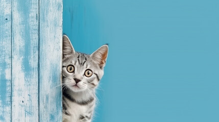 American Shorthair cat emerges from blue wall.Generative Ai. - obrazy, fototapety, plakaty